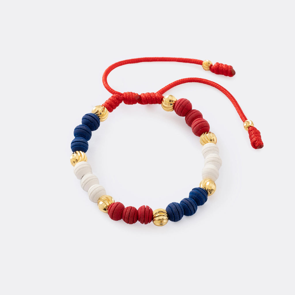 Guillo Bandera Dominicana rojo, tejido a mano con balines de oro laminado 18k