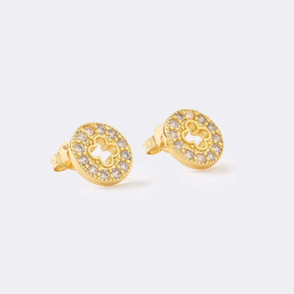 Aretes Trébol Redondo Circonias 1 cm de oro laminado 18k